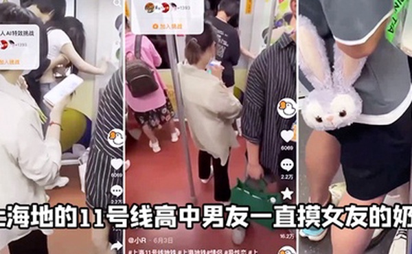 上海地的11号线高中男友一直摸女友的奶子